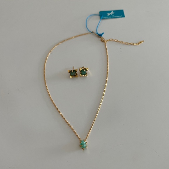 Earrings + Necklace Gold Plated Green Stone - Picture 4 of 5